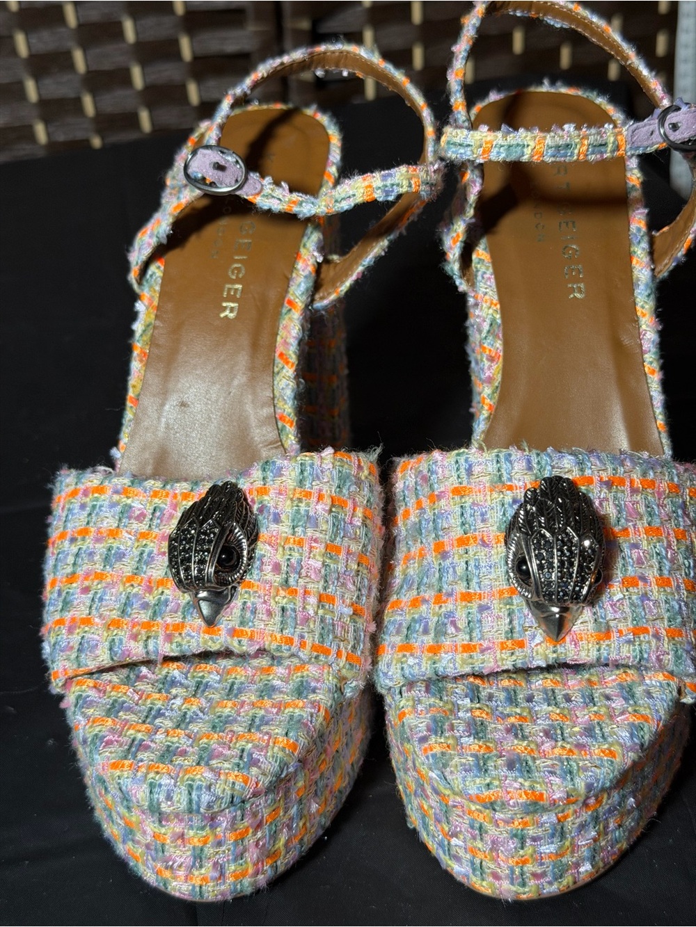 Kurt Geiger Pastel Multicolor Tweed Platform Heels with Silver Emblem